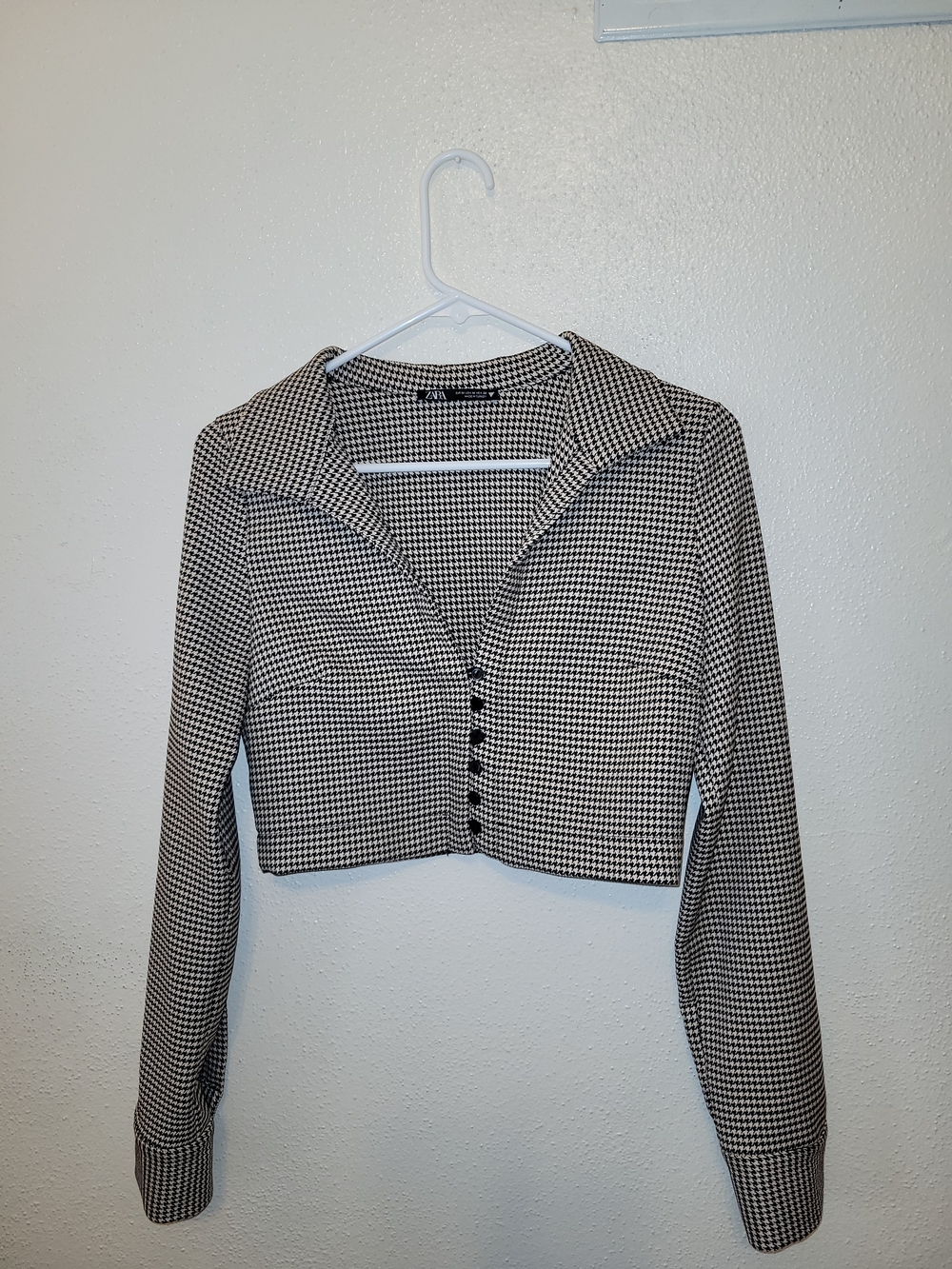 Zara Black & Cream Houndstooth Cropped Jacket Blazer Top Medium
